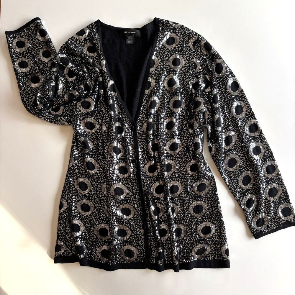 St. John Sequin Cardigan Black Silk Cashmere Merino Wool Sweater Glam XL $482